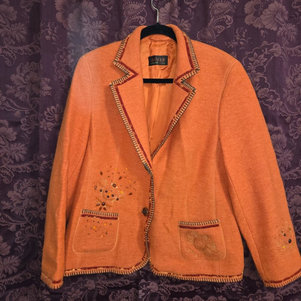 Basler Jeans Orange Viscose Beaded Embroidered Velvet Trimmed Blazer Size 44